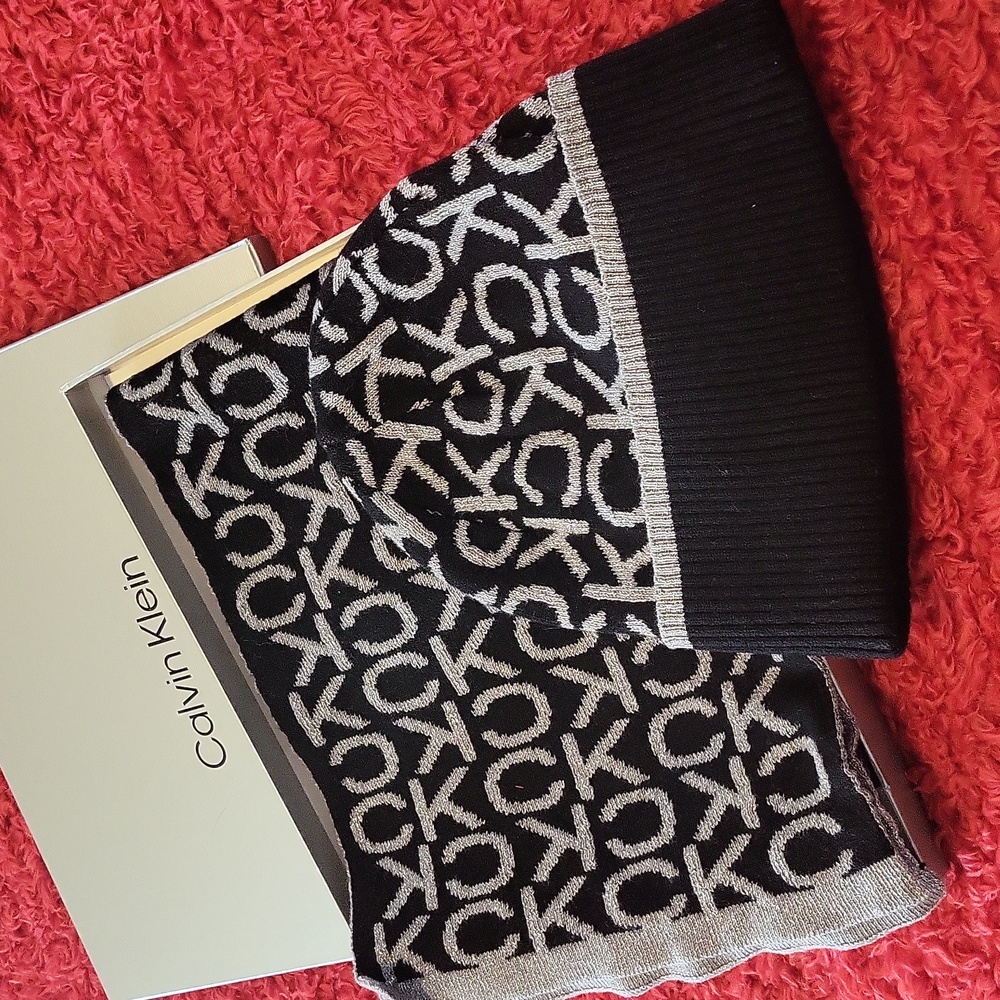 Calvin Klein Black and Silver Logo Beanie and Scarf Set - Picture 3 of 3